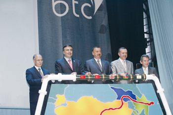 Official inauguration of the BTC pipeline. From the left:Ahmet Necdat Sezar (President of Turkey), Mikhail Saakashvili (President of Georgia), Ilham Aliyev (President of Azerbaijan), Recab Tayip Erdogan (Prime Minster of Turkey), John Browne (BP Group CEO)