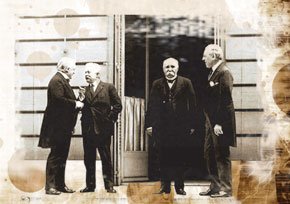 Lloyd George, Vittorio Emanuele Orlando, Georges Clemenceau and Woodrow Wilson at the Paris Peace Conference. 1919