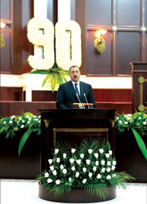The President of Azerbaijan, Ilham Aliyev, speaking to the formal meeting dedicated to the 90th anniversary of the parliament, 2008