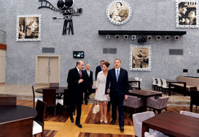 President Ilham Aliyev and First Lady Mehriban Aliyeva open the film theatre, 24 November 2011. With them is Minister of Culture and Tourism Abulfaz Garayev
