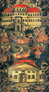 Fragment from a painting on a pencil box. On a Shusha Estate. Mir Mohsun Navvab, lacquer, Shusha, Karabakh, late 19th century
